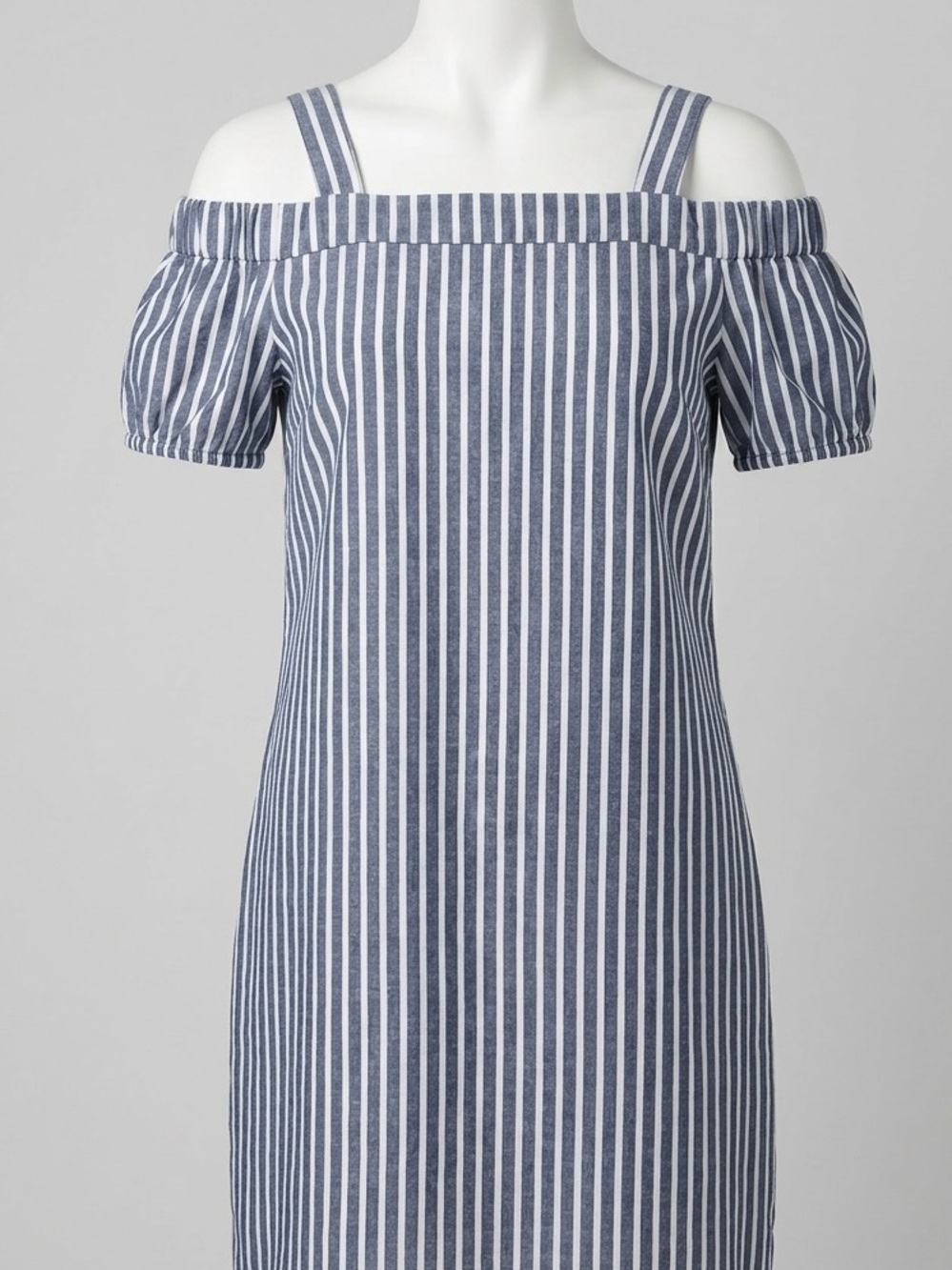 Nine West Navy & White Vertical Stripe Off-Shoulder Dress